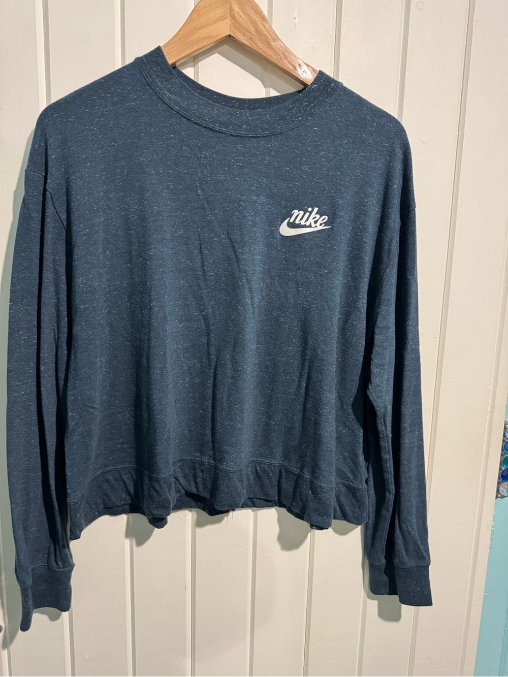 Nike Women's Long-Sleeve Crew Tee in Heather Navy with White Logo Slight Crop